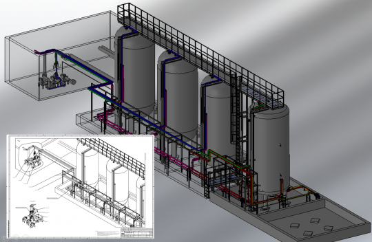 Grafika Zbiornik magazynowy z orurowaniem